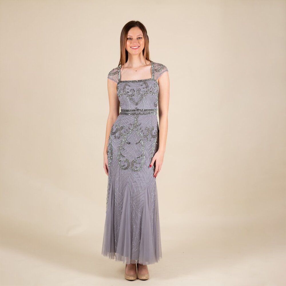 Adrianna Papell Maxi Prom Dress Lilac Beaded Retro 20s Gatsby Flapper Wedding